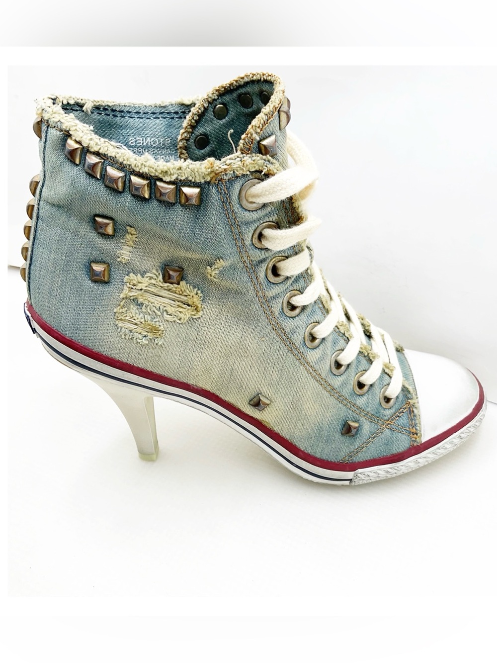 🆕{ASH} Stones Distressed Denim Studded High-Heel Sneakers